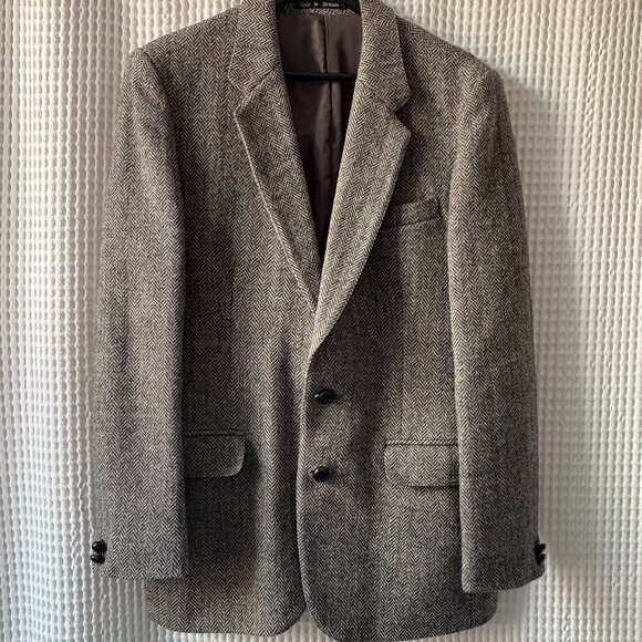 Vintage Dunn & Co. Harris Tweed wool gray herringbone sport coat jacket size 41R - Picture 1 of 8